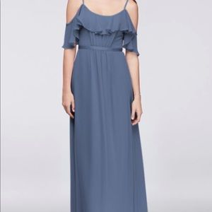David’s bridal steel blue long dress with ruffles